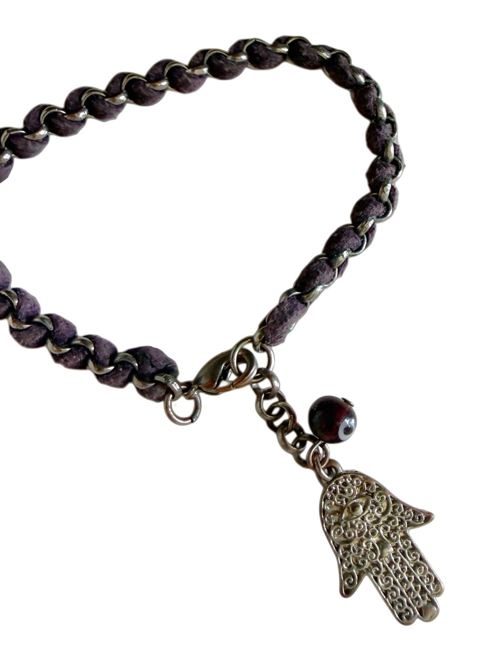 Handcrafted Purple Braided Suede Chain Bracelet with Hamsa and evil eye Charms